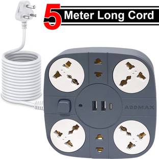 Addmax Extension Cord With 6 socket 2 USB Port Fire Flame Proof with 5-METER-LONG CORD 10 A Three Pin Socket