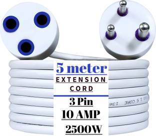 ZIYTRACK Extension Power Cord, Copper Wire, Heavy Cord 3 Pin Extension White (5 Meter) 10 A Three Pin Socket