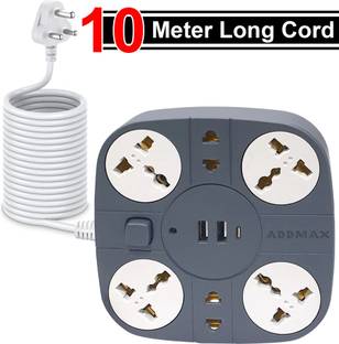 Addmax Extension Cord With 6 socket 2 USB Port Fire Flame Proof with 10-METER-LONG CORD 10 A Three Pin Socket
