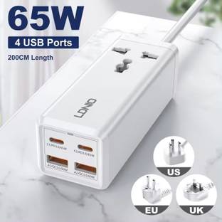 FLUDDER 5 in 1 Super Charger 65W 2 USB Ports, 2 PD Type C Ports with 1 Power Socket 15 A Five Pin Socket