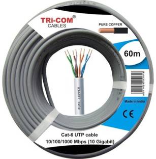 TRICOM Copper 650MHz PoE++ RJ45 UTP Cat-6/Fluke Tested /10/100/1000 Mbps (10 Gigabit) 1 sq/mm Grey 60 ft. Wire