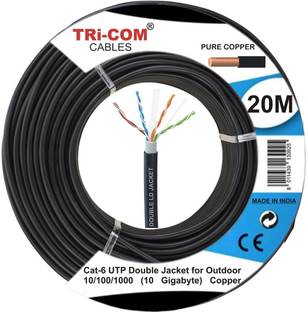 TRICOM Copper 650MHz PoE++ RJ45 UTP Cat-6/Fluke Tested DOUBLE OUTER JACKET(10 Gigabit) 1 sq/mm Black 20 m Wire