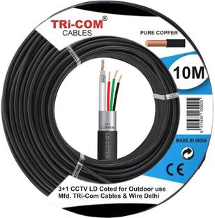 TRICOM CCTV 3+1 Cable Copper & Breding Alloy & Mic Heavy LD Coted PVC for outdoor 1 sq/mm Black 10 m Wire