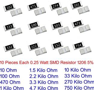 Steko {120 Pieces} Most Commonly Used Resistor1/4w (0.25 W) 5% Tolerance SMD Chip 1206 Electronic Components Electronic Hobby Kit