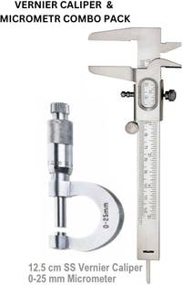 BALRAMA 2pc Combo 125 mm Slide Wheel SS Vernier Caliper + 25 mm Micrometer Screw Gauge Mild Steel Chrome Plated Measurement for any Objects Inside, Outside and Depth Micrometer Caliper