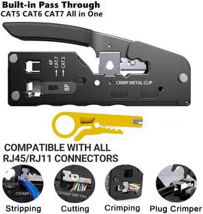 BALRAMA Pass Through Crimping Tool Cat5 Cat6a Cat7 RJ45 RJ12 RJ11 Cable Tester Stripper Rj11 Rj12 Stp/utp Telephone Connectors Stripper for Ethernet Network Lan Cable Wire Connector