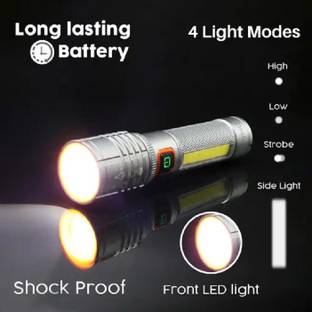 AKR LED Metal Zoomable Torch 4 Modes Flashlight, Super Bright Cree with COB 6 hrs Torch Emergency Light