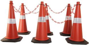 Ladwa Road Traffic Cone, Pack of 6 cones 750mm, with 6 mtr chain + 6 hooks, (Safety Cone, Traffic Safety Cone, Road Safety Cone with Reflective Strips Collar) Emergency Sign