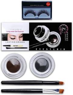 FOZZBY Professional Waterprof Gel Eyeliner(Black and Brown)Long Wear1 Pair Of Eyelashes 18 g