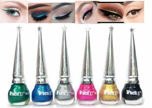 touchup Waterproof Glitter Liquid Eyeliner set of 6, 5ml Each, Gliter Green, Glitter Sky Blue, Glitter Silver, Glitter pink, Glitter Golden and Matte Black 30 ml