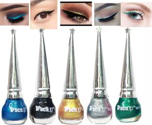 touchup Waterproof Glitter Liquid Eyeliner set of 5, 5ml Each, Glitter Sky Blue, Glitter Silver, Glitter Green, Glitter Golden and Matte Black 25 ml