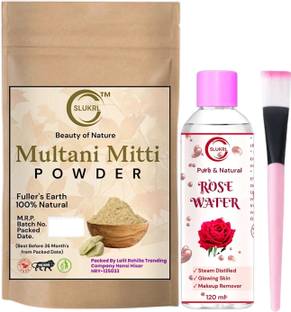 slukrl Multani Mitti face Powder+Rose Water/Gulab Jal+Single Stick Brush Combo Pack