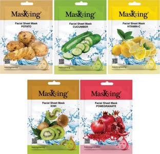 MasKing Beauty Facial Sheet Mask for Skin Calming, Brightening, Regenerating, Glowing & Lightening for Women & Men Combo Pack of 5