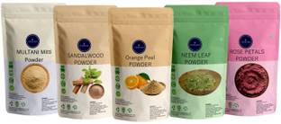 VEDICINE Combo of- Multani Mitti Sandalwood (Chandan) Orange Peel Neem Leaf Rose Petals Powder for Face and Skin (75gm each)