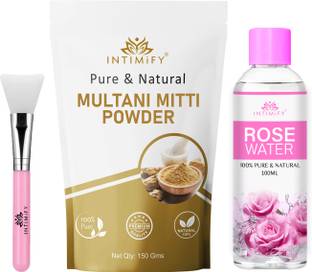 INTIMIFY Pure Multani Mitti Powder 150gm+Rose Water 100ml, With Applicator Brush Combo