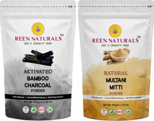 REEN NATURALS Activated Bamboo Charcoal And Multani Mitti Powder For Face Pack Combo of 2