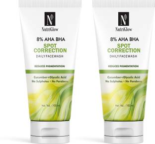 NutriGlow 8% AHA BHA Spot Correction Daily , Gentle Exfoliating Formula with Cucumber, Glycolic Acid Pack of 2 Face Wash