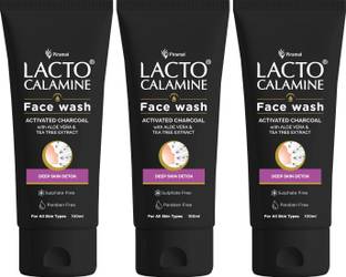 Lacto Calamine Activated Charcoal  AloeVera&Tea Tree Extract Deep Skin Detox Pack of 3 Face Wash