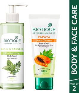 BIOTIQUE Face & Body Care Combo Basil & Parsley Revitalizing Body Wash & Papaya Deep Cleanse  Face Wash