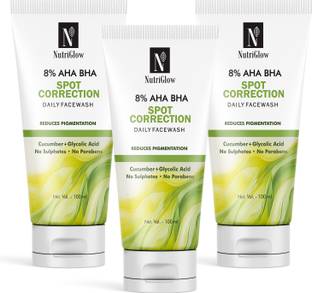 NutriGlow 8% AHA BHA Spot Correction Daily , Gentle Exfoliating Formula with Cucumber, Glycolic Acid Pack of 3 Face Wash