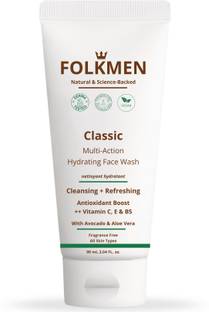 FolkMen Classic Multi-Action Hydrating  For All Skin Types With Avocado And Aloe Vera|Vitamin C, E & B5|100% Vegan, Soap & Fragrance Free|Gentle Cleanser|For Men Face Wash