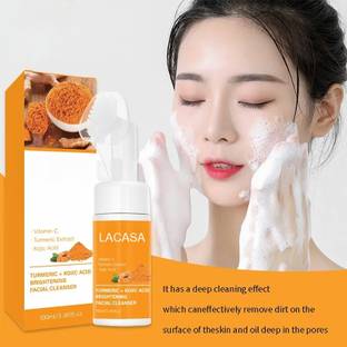 LACASA BEAUTY CARE Turmeric Kojic Acid Face Cleanser with Brush forDeep Cleansing, Brightening Scrub Foaming Face Wash
