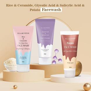 GLAMVEDA Rice & Ceramide / Potato / Glycolic & Salicylic  ( Pack Of 3) Face Wash