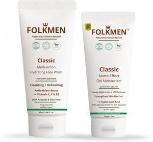 FolkMen The Hydrating Combo - Multi-Action Facewash (90ml) + Matte-Effect Gel Moisturizer (50 gm) | Best combo set for men| Dermatologically Tested and Vegan Face Wash