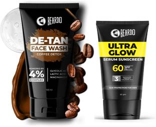 BEARDO Combo SPF 60+PA++++|UVA/UVB Protection Ultra Glow Serum Sunscreen & DeTan Coffee Face Wash