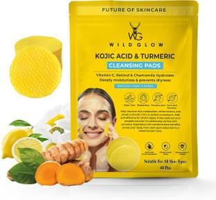 WILDGLOW Turmeric & Kojic Acid Face Cleansing Pads for Dark Spots, Skin Brightening & Acne Prevention Pack of 16 Face Wash