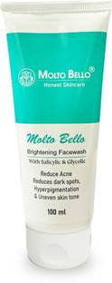 MOLTO BELLO Brightening Facewash with Salicylic & Glycolic | Reduce Acne, Reduce Dark Spots & Hyperpigmentation, Melasma, Brown Spots, Uneven Skin Tone | Suitable to All Skin Types | For both Men & Women | 100ML Face Wash