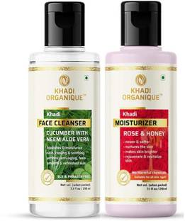 khadi ORGANIQUE Cucumber with Neem Aloe Vera Face Cleanser (210 ml) & Rose Honey Moisturizer (210 ml) Combo Nourishing Skincare Set for Hydration and Radiance Face Wash