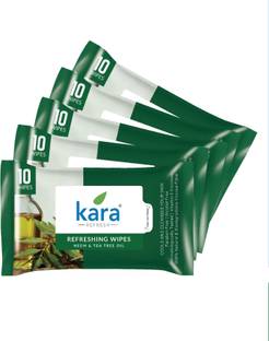 KARA Face Wipes Cleansing & Hydrating Refreshing Neem & Tea Tree, 10 Wipes Pack of 5