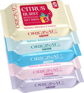 ORIGINATE Assorted Refreshing Wet Wipes for Easy Makeup & Excess Oil Removal - Pack of 5