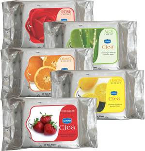 GINNI Cleansing & Refreshing Facial Wipes (Rose,Aloevera,Orange,Strawberry,lemon) (pack of 5) (30 wipes per pack)