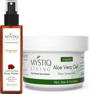 Mystiq Living Rose Water Spray and Aloe Vera Gel Clear (Transparent) | For Face, Skin and Hair
