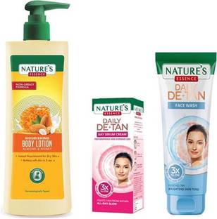 Nature's Essence NOURISHING BODY LOTION ALMOND & HONEY 400ML (310MRP)+ DE-TAN SERUM CREAM 30ML (50MRP)+ DE-TAN F.W. 100ML(120MRP)