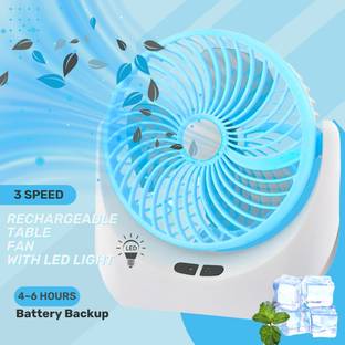 TECHOMANIA Portable Table Fan with LED SMD Light, 180° Rotation, 3 Hours Battery Backup 1320 mm 3 Blad...