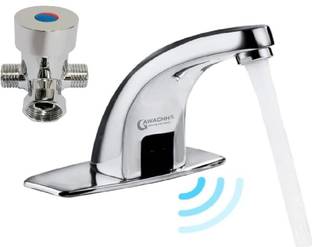 QAWACHH by Qawachh Automatic Touch Less Brass Curve Water Sensor Tap Faucet Silver Chrome Finish Faucet Set
