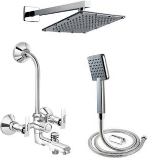 Gold Bell Premium Quality (BR083IN2R87) Brass 3 In 1 Bathroom Wall Mixer Set 1 ( Silver) Bathroom 3 in 1 Wall Mixer Set|6x6"Inch Sandwich Shower Head |15"In SS Arm Mixer Faucet