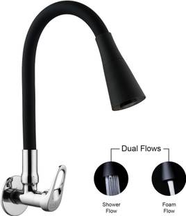 Spazio Hexa Brass Kitchen Sink Cock Tap/Sink Tap Faucet With Black 360 Degree Flexible Silicon Swivel Spout & Dual Flow Pattern For Hot OR Cold Water With Wall Flange Pillar Tap Faucet