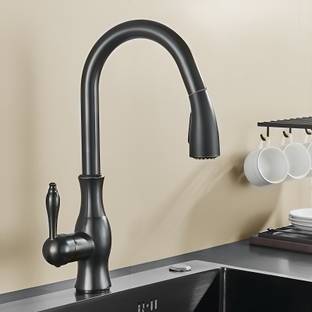 Plantex Designer Brass Single Handle 360 Degree Swivel High Arc Pull Out Kitchen Sink Faucet/Hot & Cold Water Mixer Tap with Pull Down Sprayer Multitask Mode- Black Kitchen Mixer Faucet