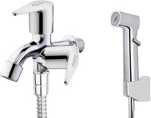 Alligator Jharna 2 in 1 Angle Cock Long Bib Tap Brass Disc Fitting for Bathroom/ Kitchen Toilet with Hand Shower/Faucet Set 1.5 Flexible Steel Tube, Hook (Set of 1) Health  Faucet