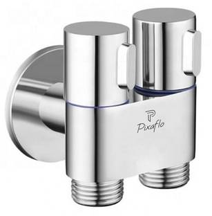 PIXAFLO Compact 2 Way Angle Valve with Wall Flange (Chrome Finish) (Brass) (2-in-1) Two Way Compact 2-Way Angle Cock Faucet
