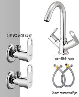 Prestige Prime Central Hole Basin Mixture With Set of 2 Prime Brass Angle Valve and (Set of 2) 24inch connection Pipe With Teflon tape Kitchen Mixer Faucet