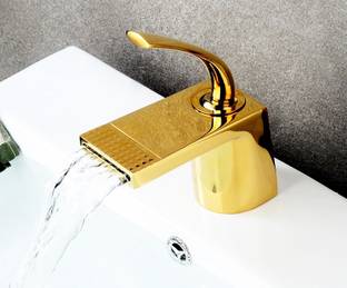 24x7eMall Gold Golden Basin Mixer basin tap faucet pillar cock tap hot and cold Waterfall Basin Mixer ~ with 2 Braided Connection Pipes 450mm (Golden Waterfall) Mixer Faucet