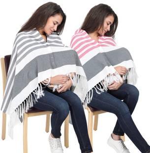 Lula Mom Breast Feeding Shawl, Stripes Grey & Pink Pack Of 2 Feeding Cloak