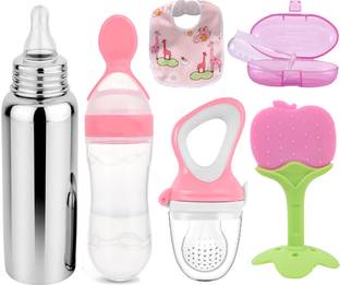 Muma's Love baby Steel milk bottle with Teether feeder and spoon feeder  - Silicone