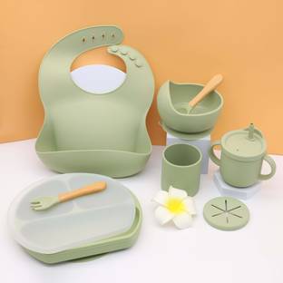Little curious Baby feeding Set For Kids-Green  - Baby Suction Plate, Feeding Bowl, Spoon, Bib, Fork, Sipper and Snack Cup, BPA Free