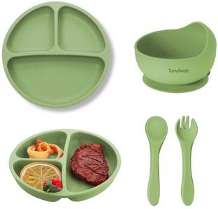 TONY STARK Baby Feeding Set for Kids,Toddler | Silicone 4 Pieces Tableware Kit  - Suction Plate, Feeding Bowl, Spoon & Fork, BPA Free -Silicone